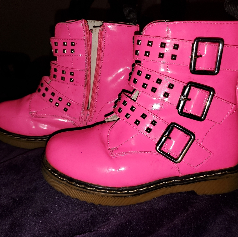 Neon Pink Girls Combat Boots Studded Zip-On
